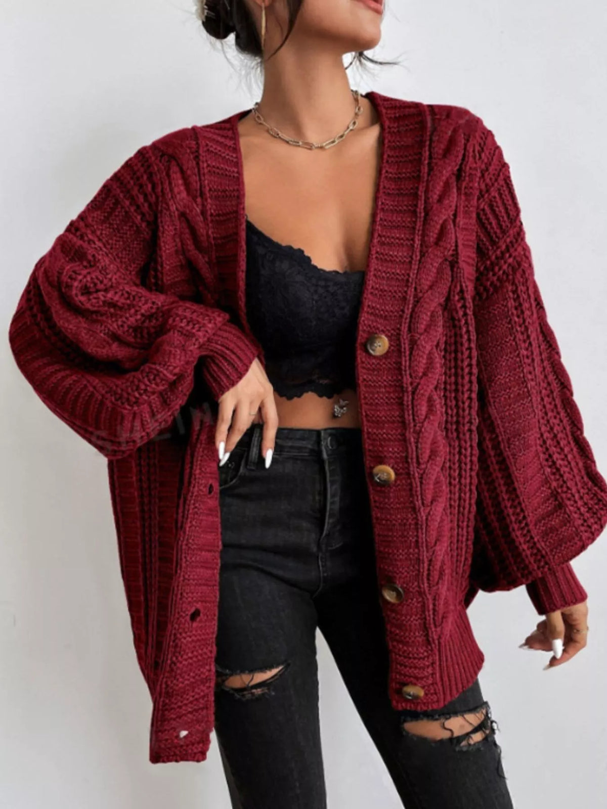 Chunky Knit Cable Knit Button-Up Cardigan - Salt & Stone