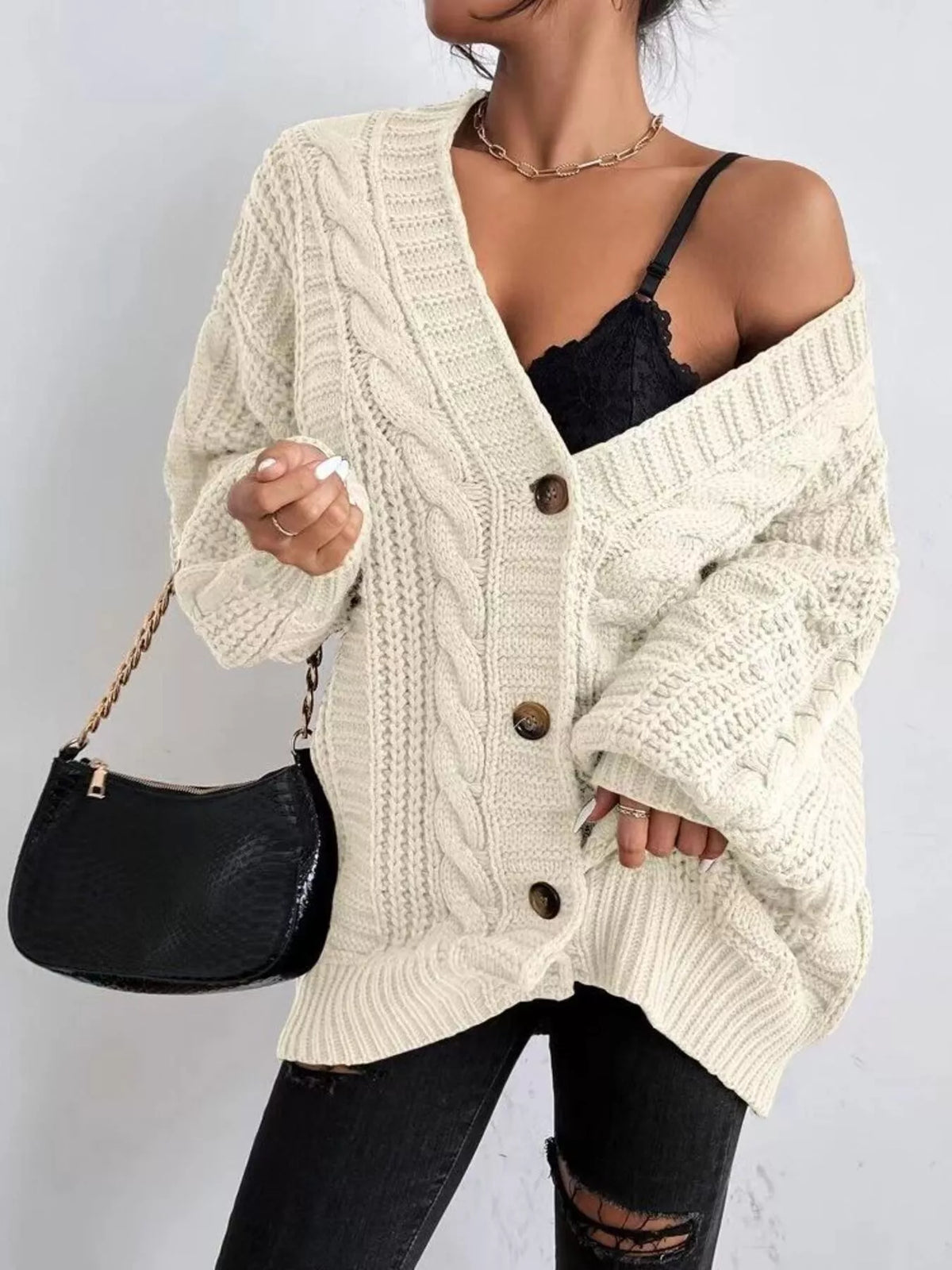 Chunky Knit Cable Knit Button-Up Cardigan - Salt & Stone