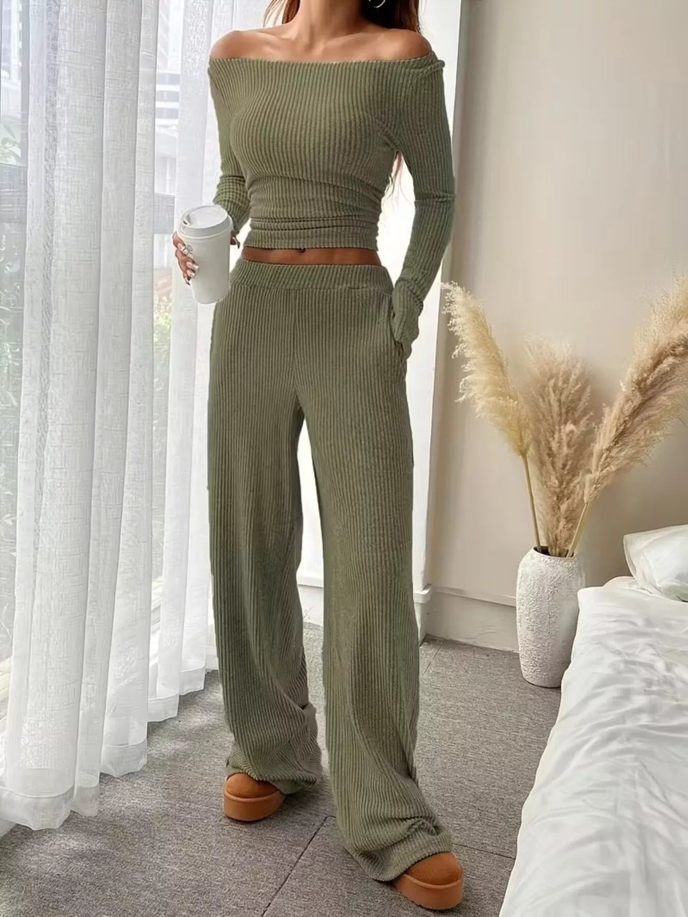 Ribbed Knit Boat Neck Top and Pants Set - Salt & Stone
