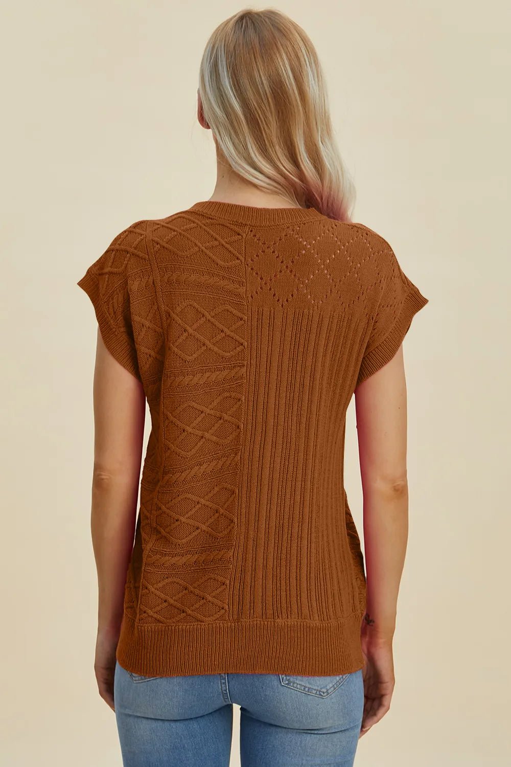 Double Take Full Size Cable - Knit Round Neck Cap Sleeve Sweater - Salt & Stone