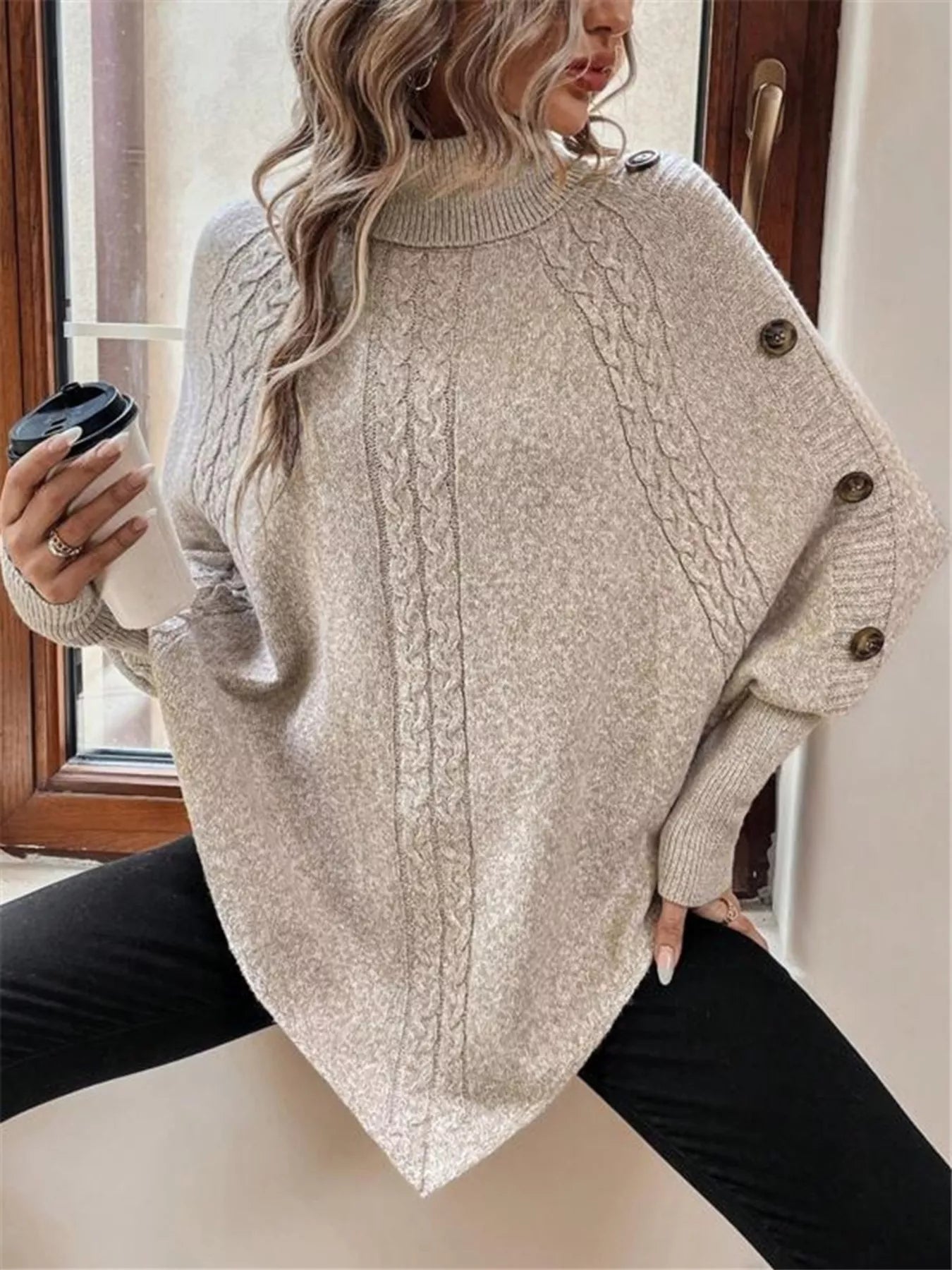 Cable Knit Turtleneck Cape Sweater - Salt & Stone