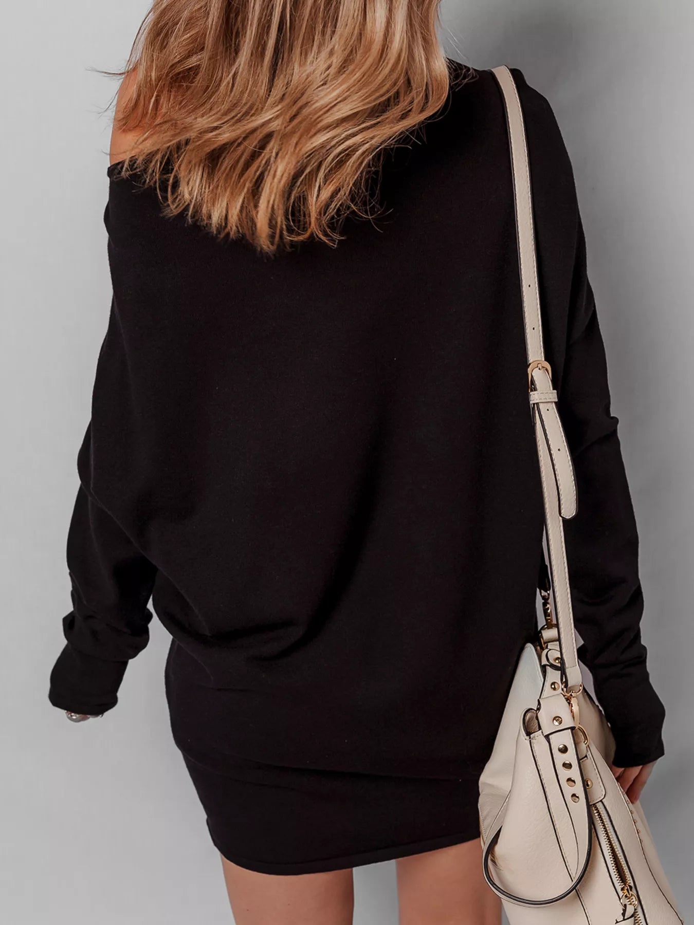 Asymmetric Neck Batwing Sleeve Shift Mini Sweater Dress - Salt & Stone